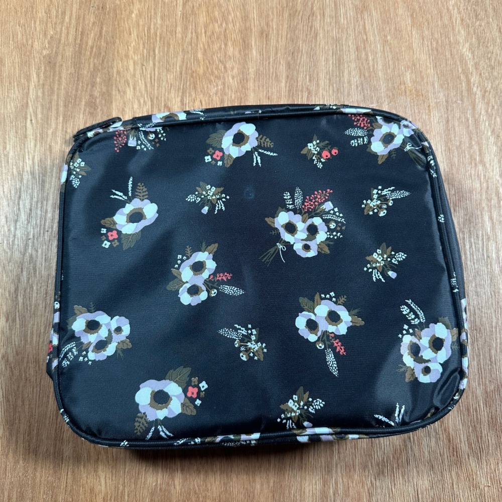 Travel Makeup Bag Women OS Black Floral Print Organizer Pouch Zippered